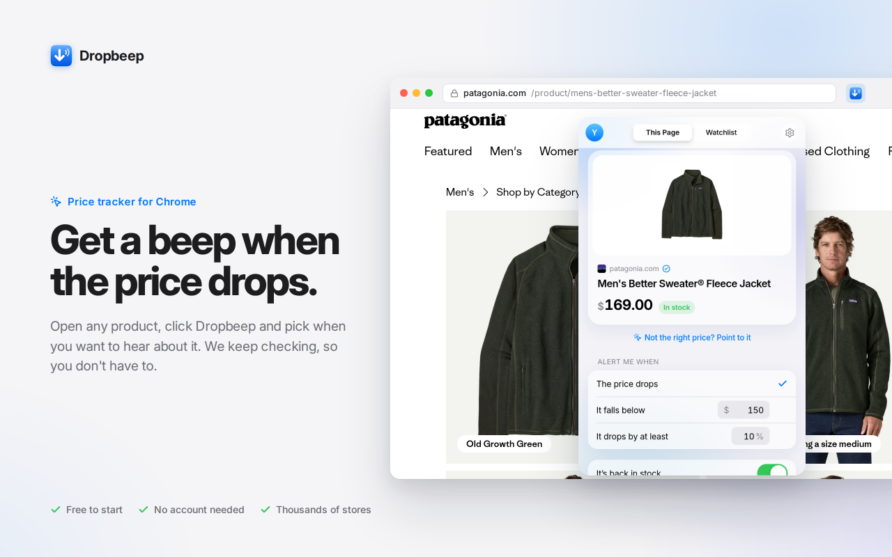 Captura de pantalla de Dropbeep, extensión de Chrome para alertas de bajada de precio
